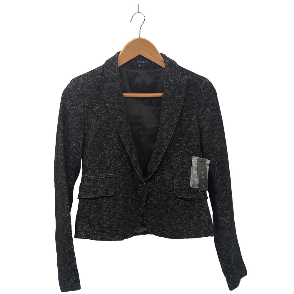 New Theory Blazer Jacket Twelli Wool Blend‎ Tweed Women 2 Black Light One Button